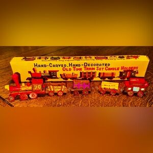 Vintage Hand Carved Wooden Train Birthday Cake Candle Holder Set in Box